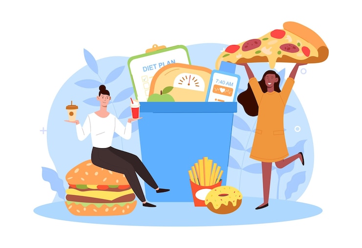 Vector dos mujeres felices están comiendo comida chatarra sabrosa rompiendo la dieta juntos concepto de personas que se niegan a comer