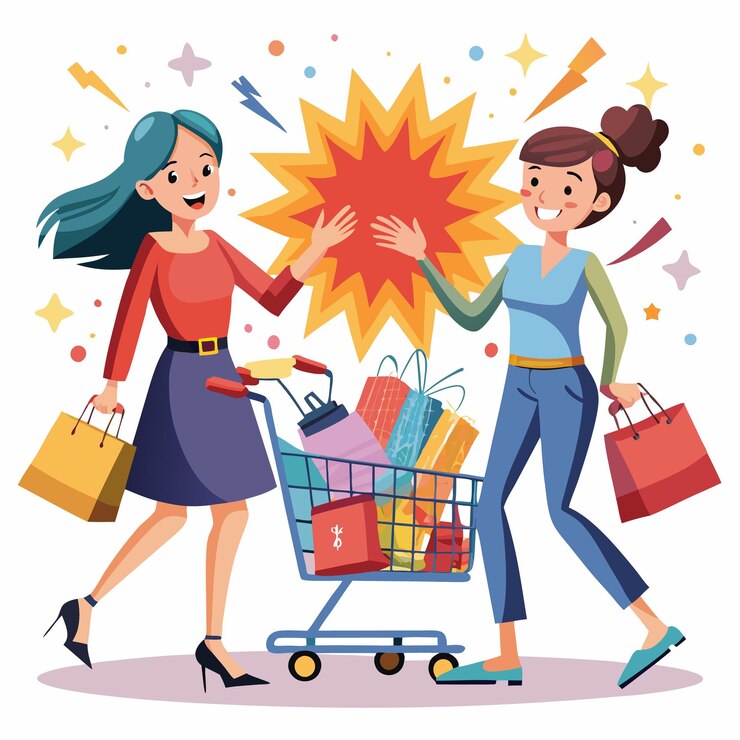 Vector dos mujeres felices están comprando con un carrito de compras lleno