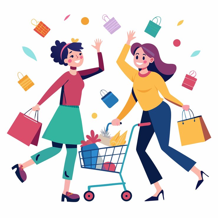Vector dos mujeres felices están de compras con un carrito de compras y bolsas