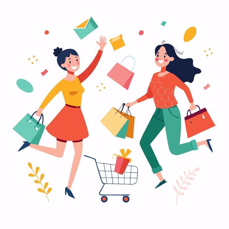 Vector dos mujeres felices están haciendo compras con bolsas y carrito de compras