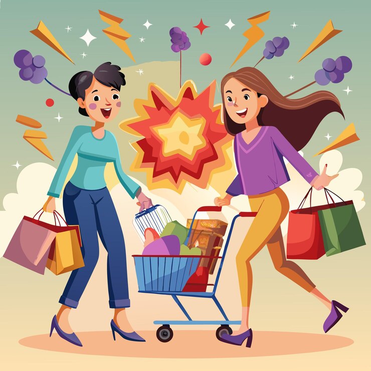 Vector dos mujeres felices están haciendo compras con un carrito de compras lleno y bolsas con un efecto de explosión en el fondo