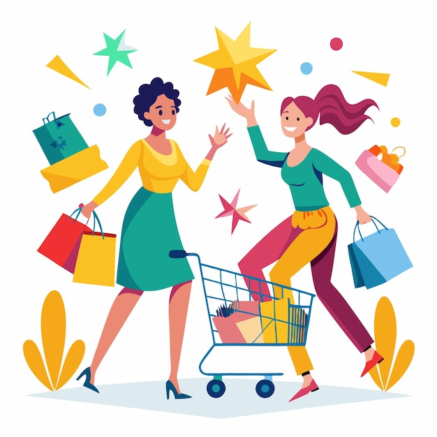 Dos mujeres felices están haciendo compras juntas y empujando un carrito de compras
