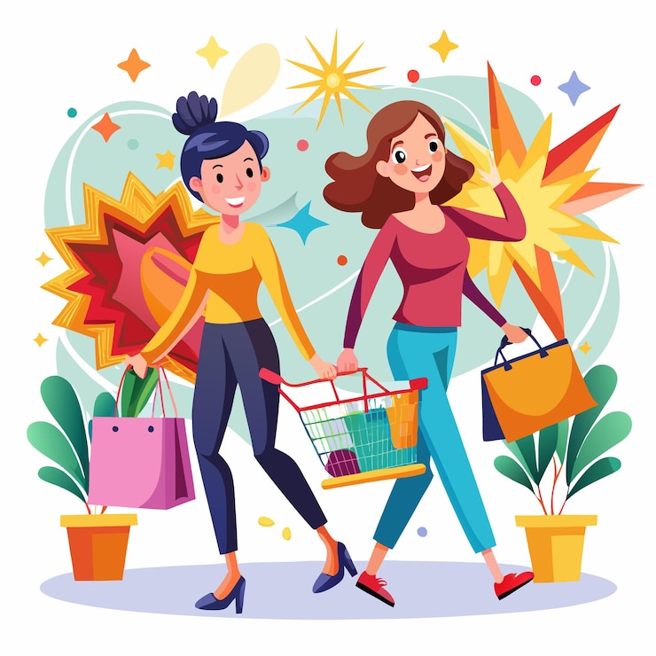 Vector dos mujeres felices llevando bolsas de compras y un carrito de compras