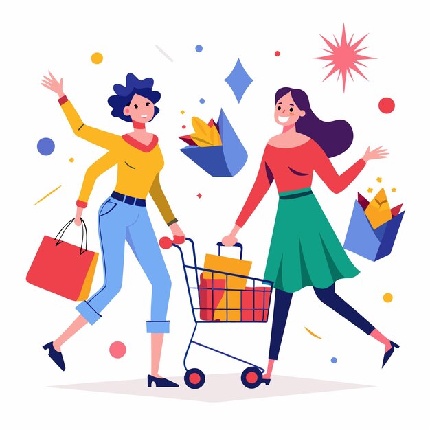 Dos mujeres felices con trajes coloridos haciendo compras y empujando un carrito de compras con bolsas en la mano