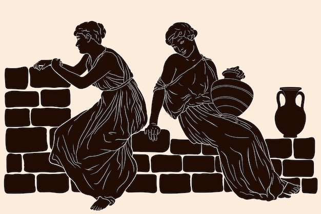 Dos mujeres griegas antiguas se sientan en un parapeto de piedra con jarras y conversan.