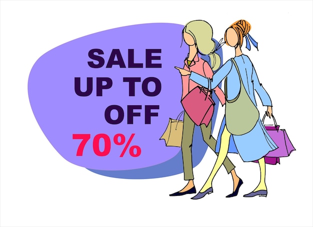 Dos mujeres jóvenes con bolsas de compras Ilustración vectorial dibujada a mano con letrero de venta en la parte posterior Concepto de venta minorista de compras