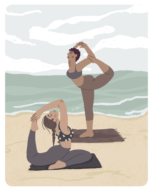 Vector dos mujeres jóvenes de diferentes nacionalidades están haciendo yoga en la playa ilustración de entrenamiento al aire libre vector