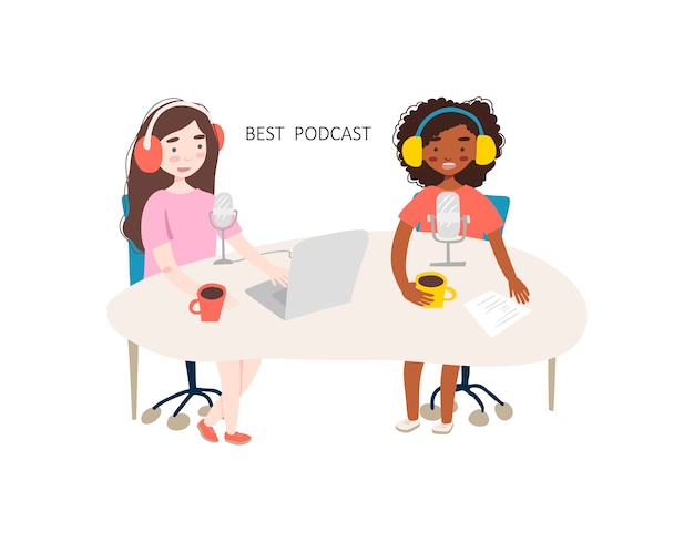 Vector dos mujeres jóvenes están haciendo podcast