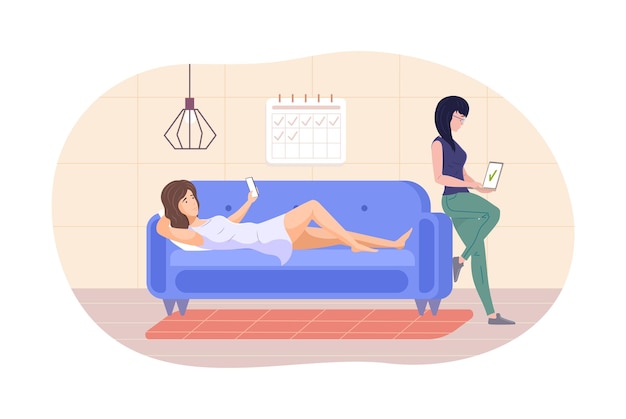 Dos mujeres jóvenes que usan teléfonos inteligentes en la habitación en casa