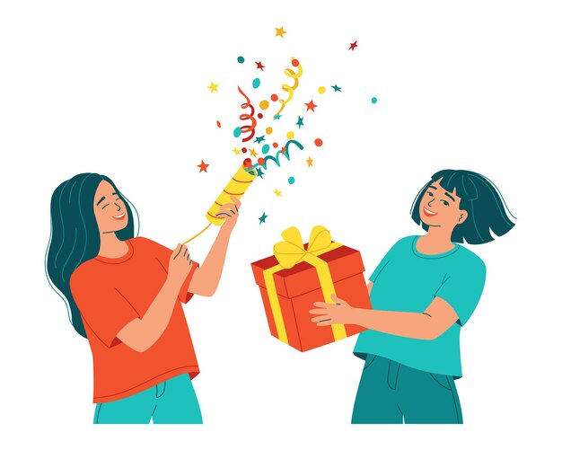 Dos mujeres jóvenes, una sosteniendo una caja de regalo, otra explotando una payasada con confeti y serpentina