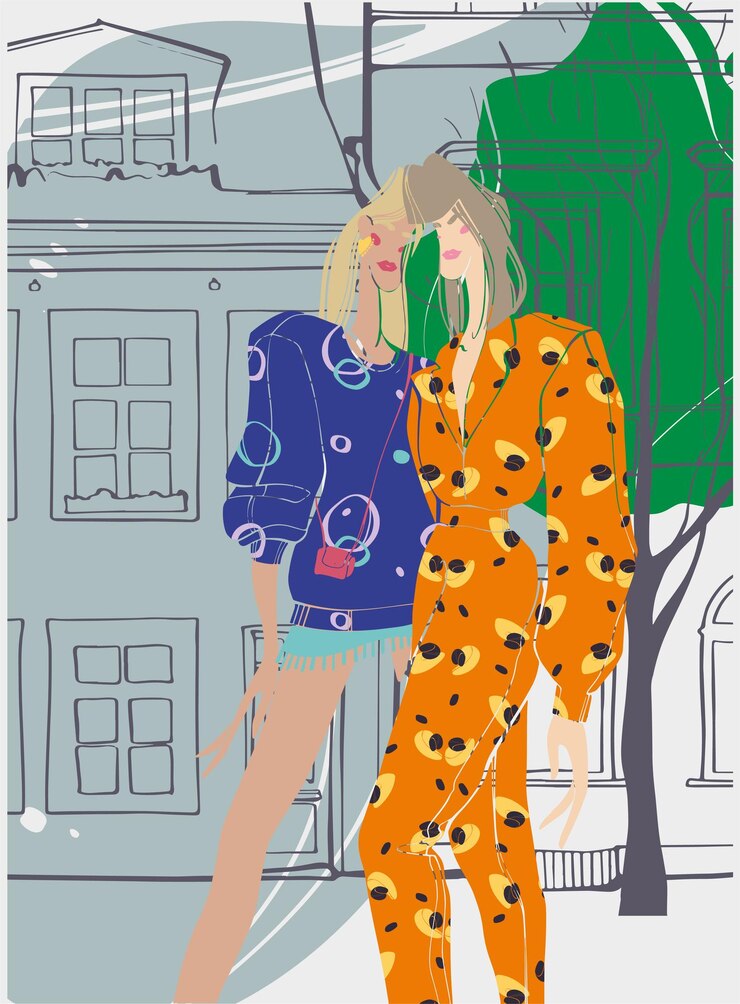 Vector dos mujeres de la moda con ropa elegante de una calle de la ciudad ilustración colorida de la moda callejera