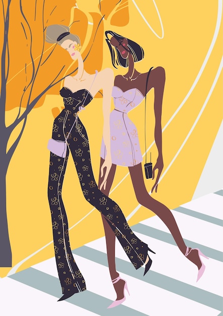 Dos mujeres de la moda con ropa elegante de una ilustración de moda callejera de la ciudad de otoño