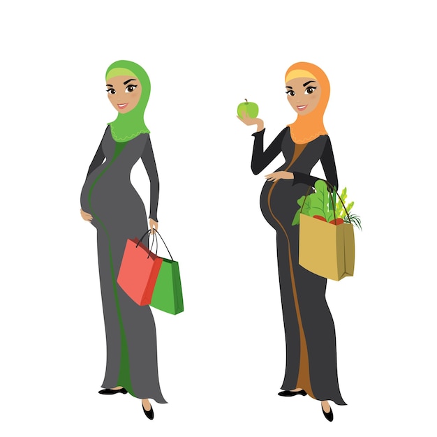 Dos mujeres musulmanas embarazadas con ropa tradicional con bolsas de compras ilustración vectorial aislada