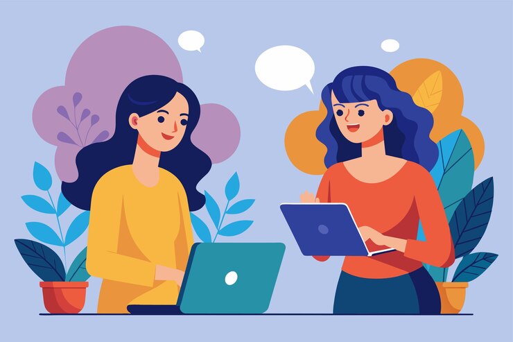 Vector dos mujeres de pie una al lado de la otra conversando mientras usan computadoras portátiles dos mujeres chateando usando teléfonos móviles y computadoras portables ilustración vectorial plana simple y minimalista