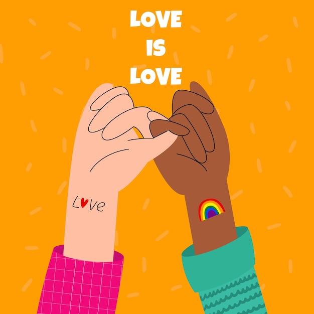Dos mujeres que se toman de la mano El amor es amor Bandera del mes del orgullo de la comunidad LGBT