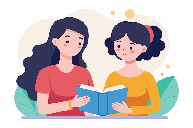 Dos mujeres sentadas una al lado de la otra absortas en leer un libro juntas dos mujeres aprenden a leer un libro Ilustración vectorial plana simple y minimalista