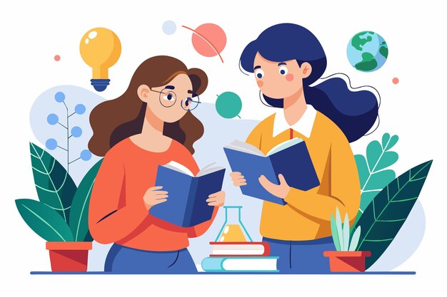 Dos mujeres sentadas leyendo un libro juntas frente a una planta verde en el interior dos mujeres leyendo libros estudiando ciencias Ilustración vectorial plana simple y minimalista