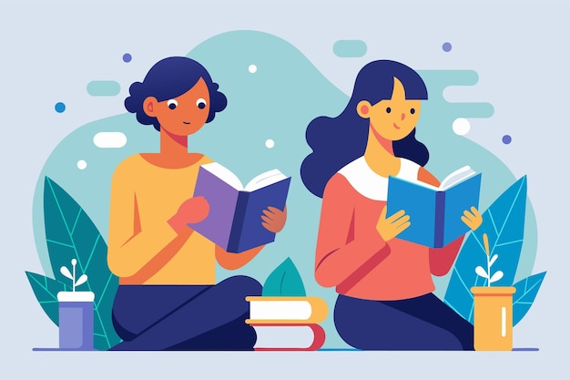 Dos mujeres sentadas en el suelo absortas en la lectura de libros dos personas leyendo libros Ilustración vectorial plana simple y minimalista