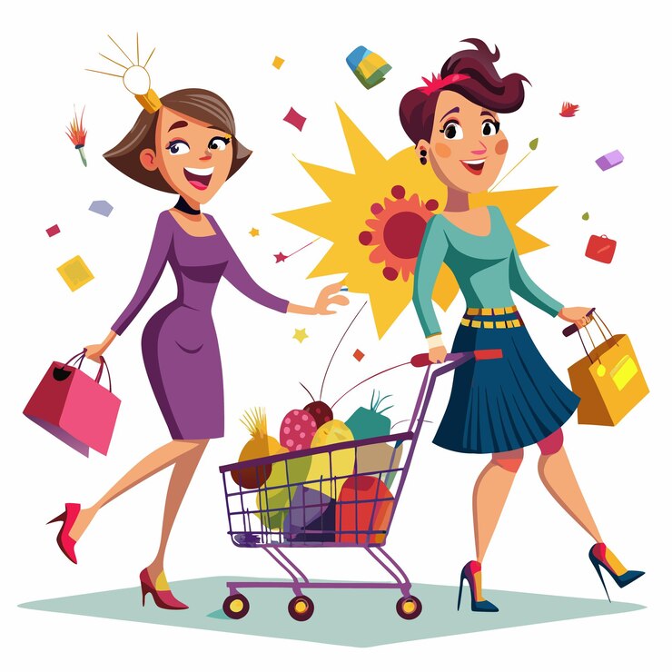 Vector dos mujeres son felices después de una exitosa carrera de compras una con un carrito de compras lleno y la otra llevando una bolsa de compras