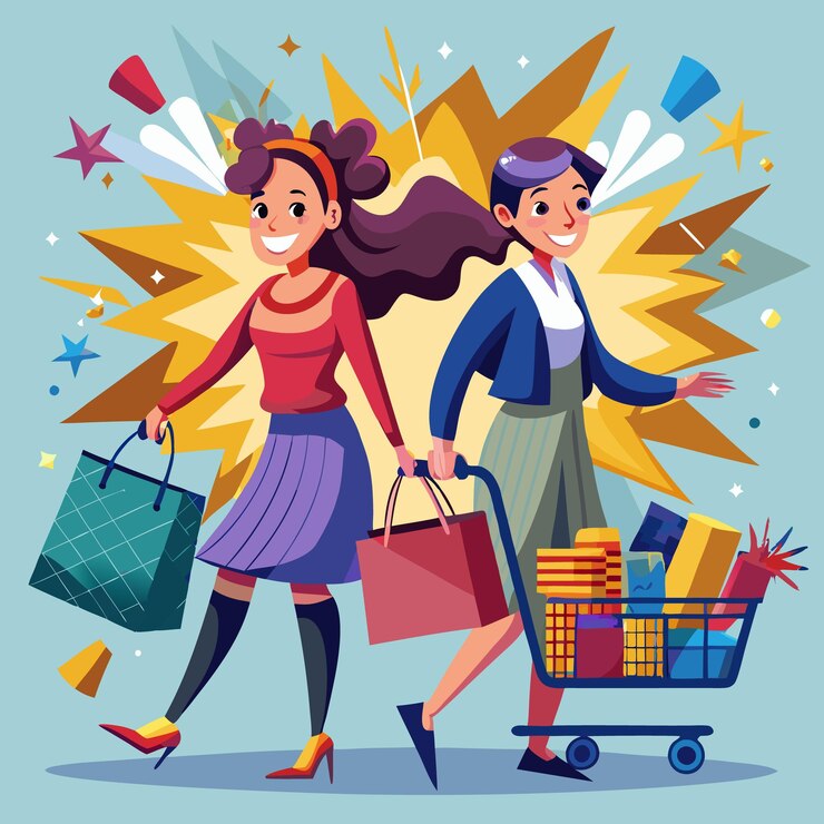 Vector dos mujeres sonrientes caminando con bolsas de compras y un carrito de compras lleno rodeado de estrellas de confeti y una explosión de luz amarilla