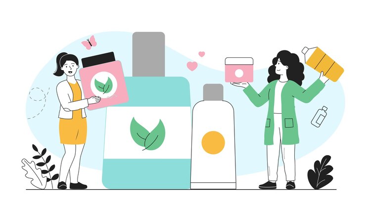 Vector dos mujeres sosteniendo productos cosméticos ecológicos con símbolos de hojas en un concepto de fondo claro de