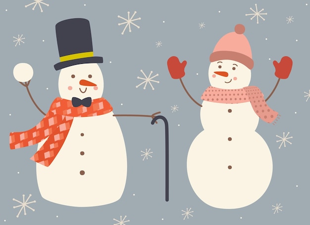 Dos muñecos de nieve lindos, brillantes y divertidos, ilustración vectorial