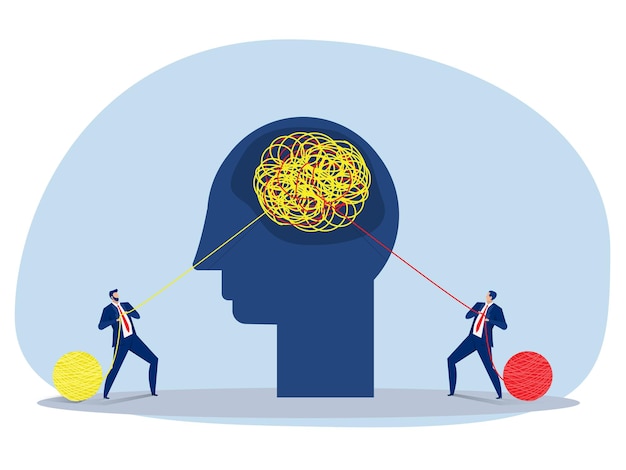 Dos negocios tirando de una cuerda enredada en direcciones opuestas. Ilustración de vector de concepto de competencia