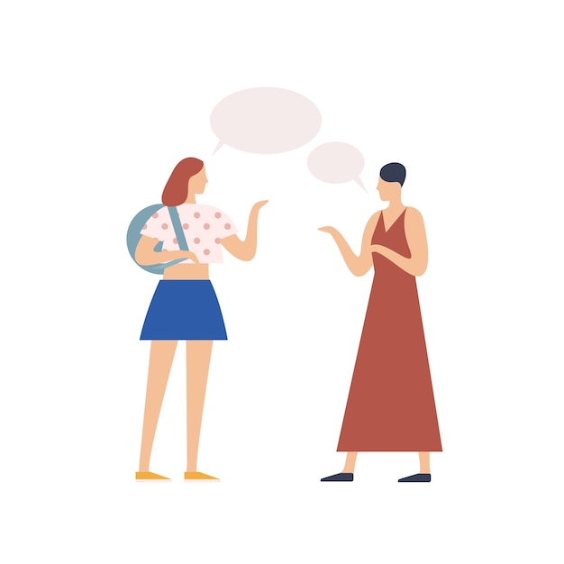 Dos niñas chismeando con ilustración plana de vector de burbuja de habla. Personas charlando entre sí aisladas sobre fondo blanco. Conversación de mujer casual de moda.