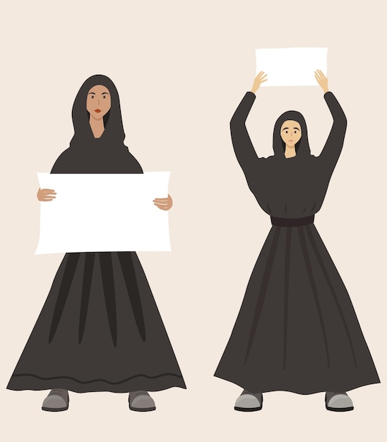 Dos niñas de crecimiento completo en hijabs sostienen carteles. la libertad de la mujer. vector aislado en estilo plano