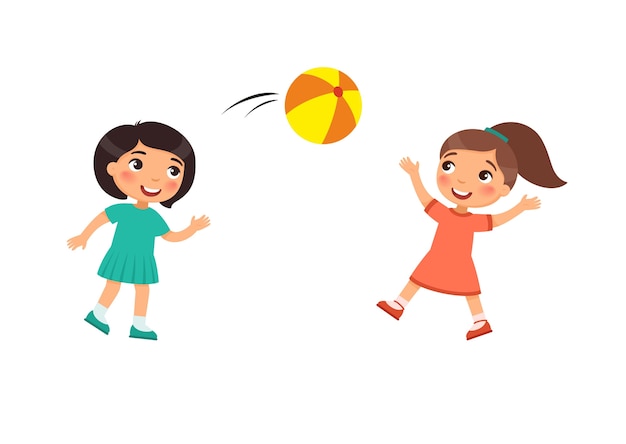 Dos niñas lindas juegan con una pelota. niños jugando al aire libre  personaje de dibujos animados. los niños se divierten. actividad recreativa  de verano. | Vector Premium