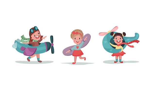 Dos niñas y un niño cosplaying con grandes modelos de juguete de avión helicóptero y alas falsas corriendo con las manos extendidas ilustraciones vectoriales establecidas aisladas en fondo blanco