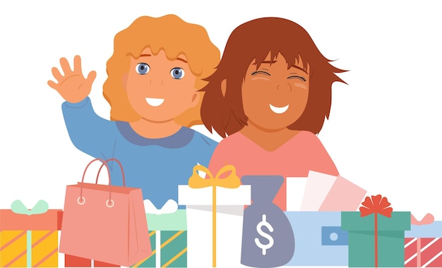 Dos niñas sonríen cumpleaños de vacaciones o regalos de año nuevo