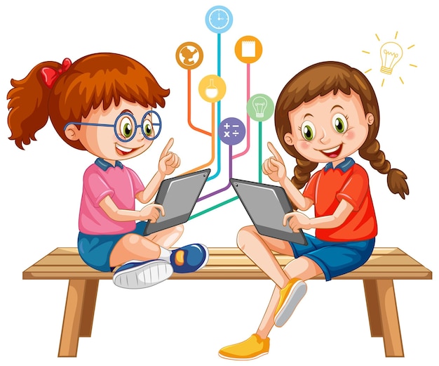 Vector dos niñas usando tableta con objetos educativos