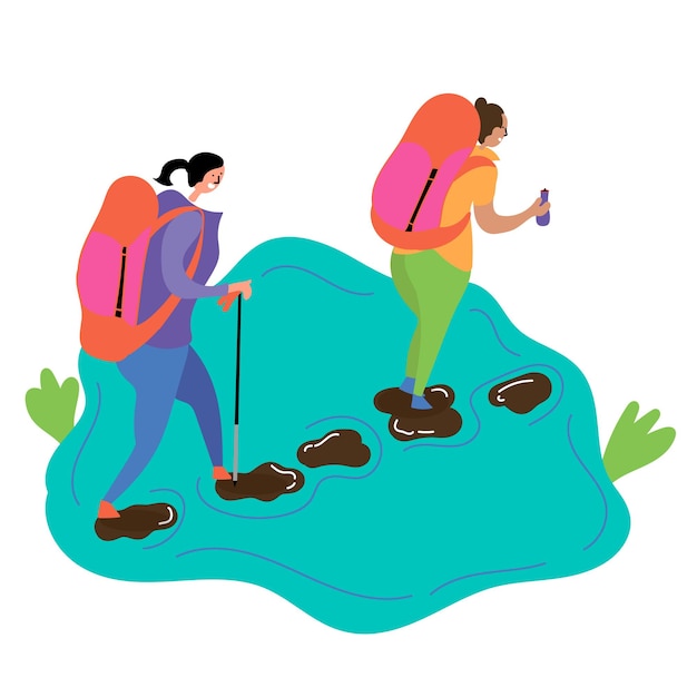 Vector dos niñas van de excursión a caminar a lo largo de las piedras del arroyo caminata de verano inspirar a viajar