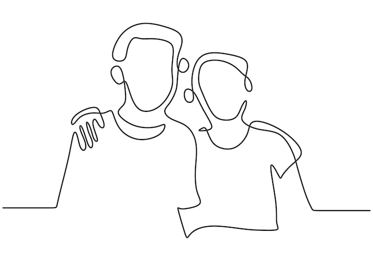 Dos niños abrazándose en estilo de dibujo de arte de línea continua Hombre adolescente feliz está abrazando pose aislado sobre fondo blanco Concepto de amistad en estilo minimalista moderno Ilustración vectorial