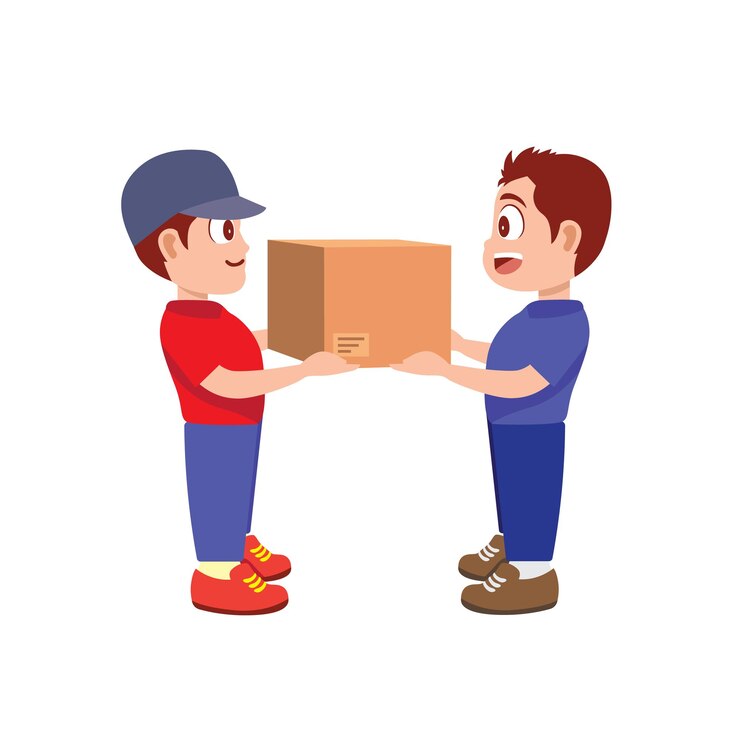 Vector dos niños alegres están de pie y sonriendo el uno al otro mientras sostienen una caja de cartón juntos