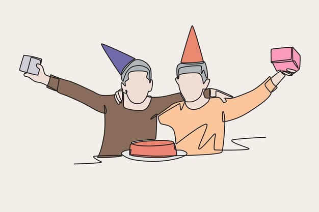 Dos niños de color en una fiesta de cumpleaños Cumpleaños de niños concepto dibujo en línea