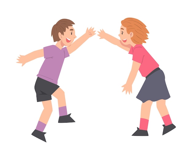 Dos niños dando cinco amigos alegres personajes que se encuentran acuerdo de felicidad o expresión de alegría ilustración vectorial de estilo de dibujos animados