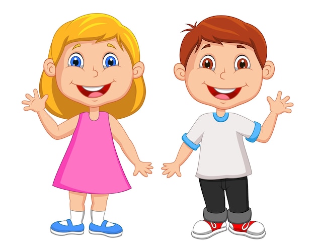 Dos niños de dibujos animados felices saludando y sonriendo