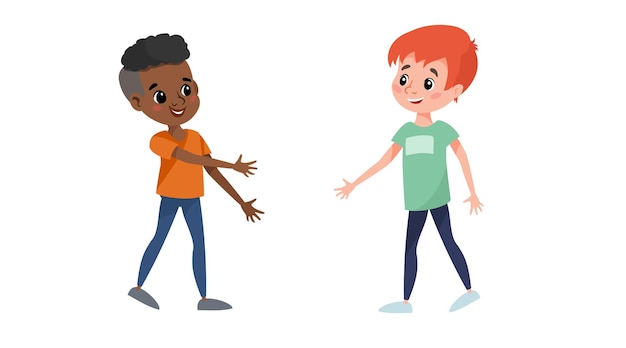 Dos niños se encuentran con un niño afroamericano que va a estrechar la mano de su nuevo amigo caucásico los amigos de la escuela se divierten ilustración vectorial aislada en blanco