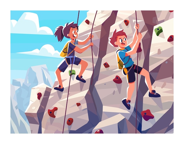 Dos niños escalando rocas contra el paisajístico fondo de la montaña del cielo Los niños muestran trabajo en equipo