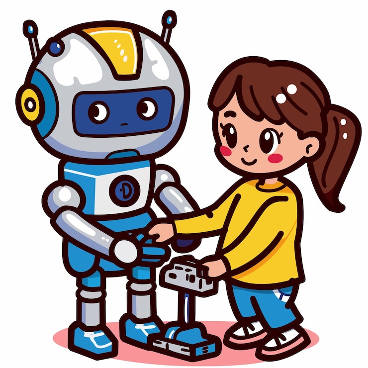 Vector dos niños están mirando a un robot que tiene la palabra robot en él