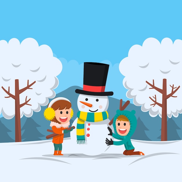 Vector dos niños felices haciendo muñeco de nieve