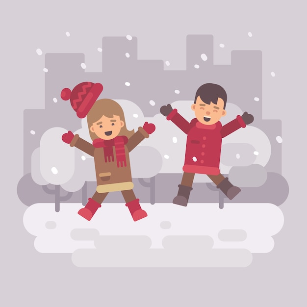 Vector dos niños felices saltando en una ciudad nevada de invierno