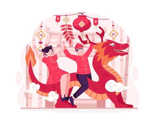 Vector dos niños felices con trajes tradicionales chinos de cheongsam jugando con un dragón amistoso