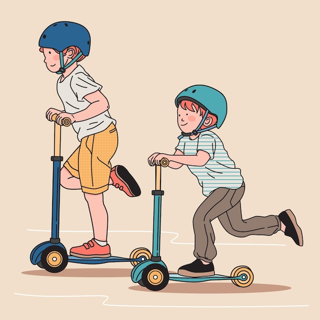 dos niños, juego, patineta, vector
