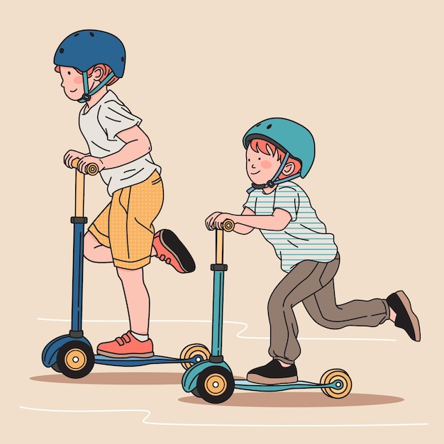 Vector dos niños, juego, patineta, vector