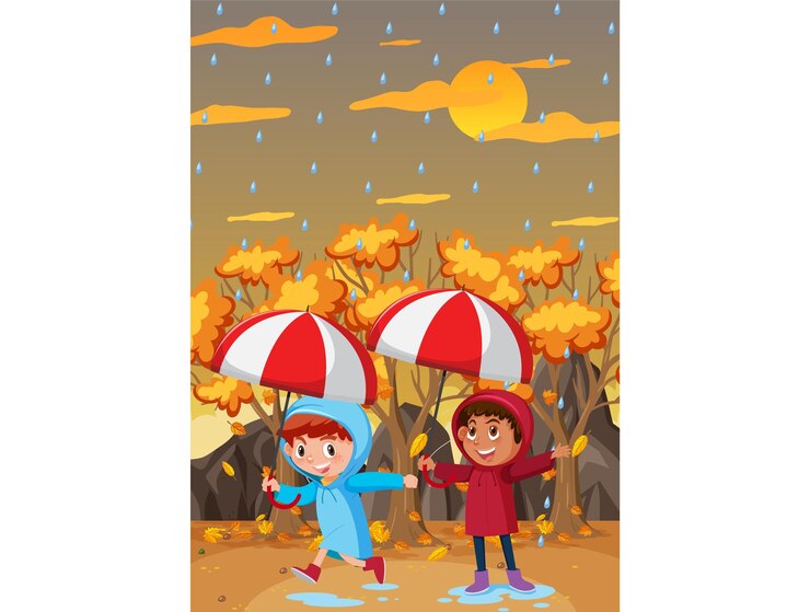Dos niños jugando afuera en la lluvia con paraguas en otoño
