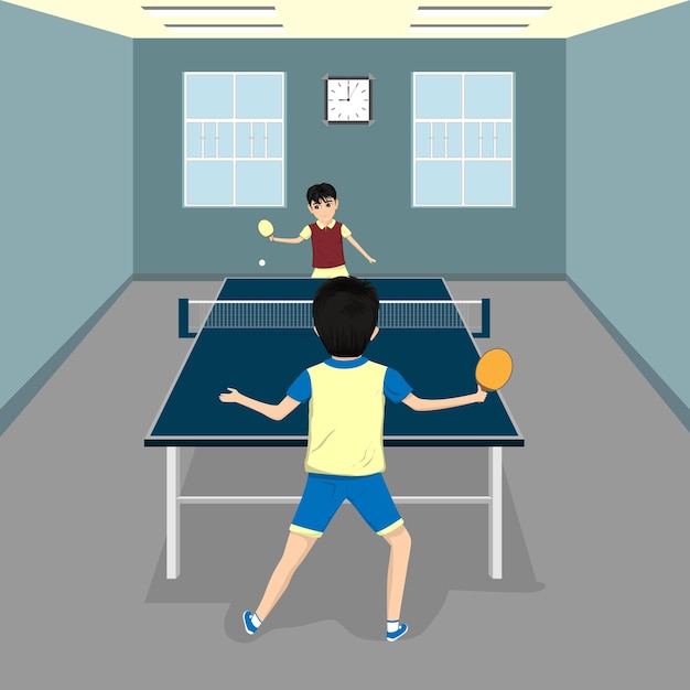 Vector dos niños jugando al tenis de mesa