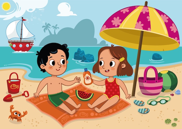 Dos niños lindos divirtiéndose en la ilustración de vector de playa tropical